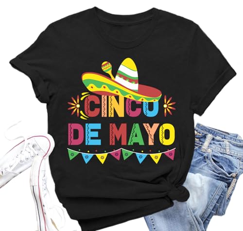 Valiri Cinco De Mayo Shirts for Women Mexican Sombrero Fiesta T-Shirts Mexico 5 De Mayo Tee Tops Black