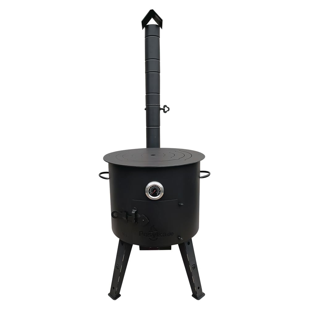 Termómetro para horno de 44 cm de diámetro, 5 anillas, 48 cm, hierro fundido, tapa de 46,5 cm de diámetro, 16 L, cuchara espumadera de 48 cm (set – 517)