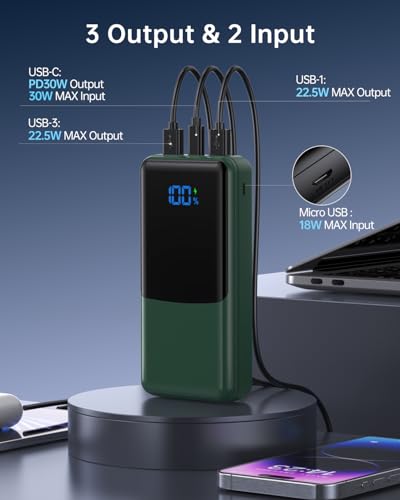 Coblob Power Bank 27000mah, Powerbank Fast Charging with Usb C, External Battery Pack, Mobile Phone Portable Charger with LED Display, PD 3.0 QC 4.0 Charging Bank with 3 Outputs & 2 Inputs (Green) - Image 4