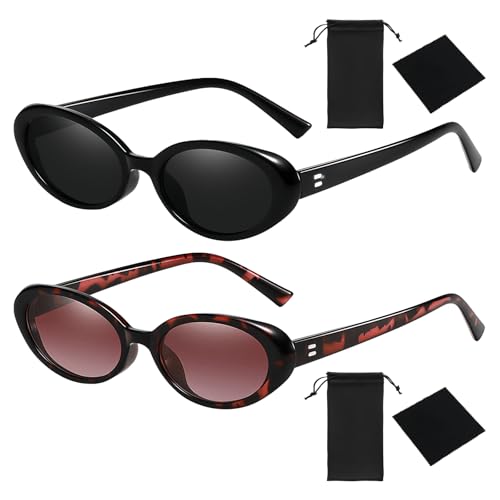 2 Piezas Oval Retro Pequeña Gafas de Sol Clásicas Cat Eye Sunglasses, Gafas de Sol Set Vintage, Gafas de Moda Retro a la Moda de los Años 90 à Motif Léopard Noir, Protección UV400, para Mujer Hombre