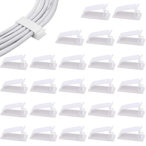 Image of Clearhill 25pcs Self Adhesive Cable Management Clips,64.5mm/2.54in white Durable Wire Organizers Cord Holder for TV, PC, Laptop, Ethernet, Desktop, Home, and Office