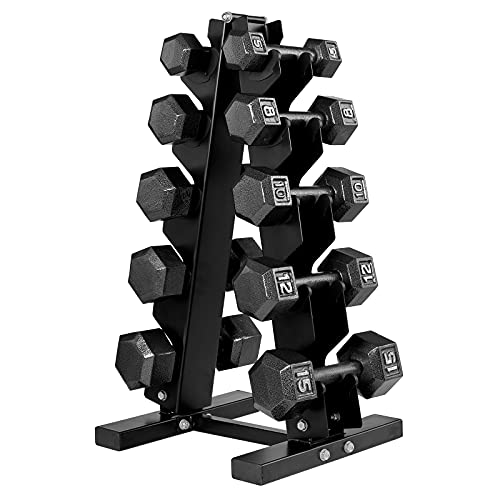 papababe Dumbbells Set Cast Iron Dumbbells Set wih A frame Rack Free Weights Hex Dumbbells with Hammer Coating(5,8,10,12,15LB Dumbbells with Rack)
