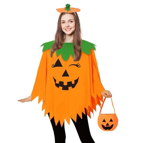 AOLIUP Disfraz de Calabaza Mujer para Halloween: Disfraces de Calabaza para Adulto con Sombrero y Bolsas de Dulces para Halloween Carnaval Cosplay Fiesta Traje