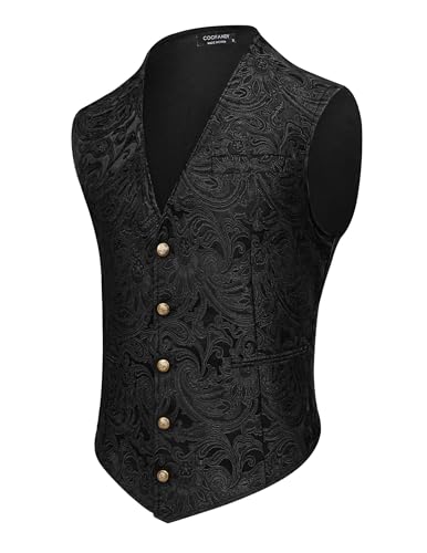 COOFANDY Mens Paisley Tuxedo Vest Victorian Steampunk Gothic Suit Vest Slim Fit V-Neck Waistcoat