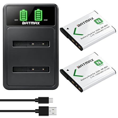 Batmax 2Pcs NP-BN1 NPBN1 Battery + Quick LED Dual Charger for Sony Cyber-Shot DSC-W800 DSC-W830 DSC-TF1 DSC-TX10 TX20 TX30 DSC-QX10 QX30 QX100 DSC-W530 DSC-W570 DSC-W650 Digital Cameras