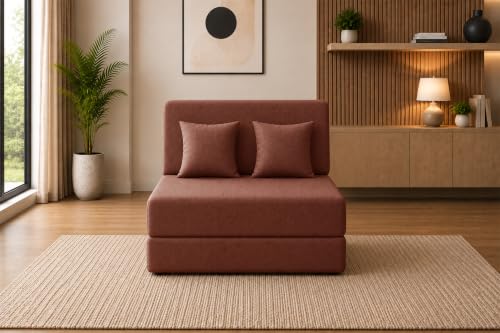 Image of Sofa Cum Bed with Jute Fabric, Convertible One Seater Sofa Bed 3x6 Ft, Comfortable Cushioned Seating, Space Saving Design for Living Room, Bedroom & Guest Room - Brown Color