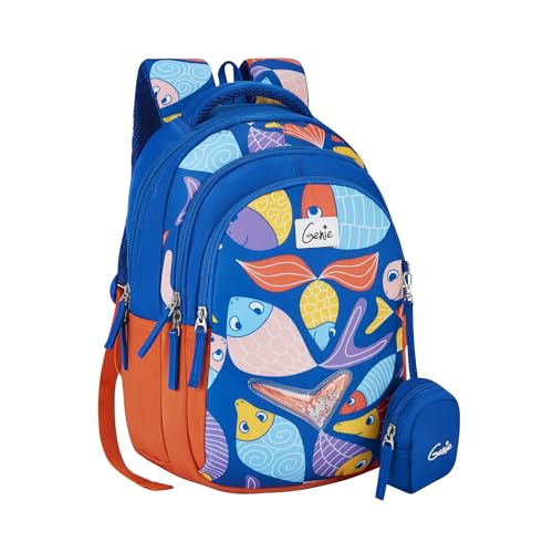 Image of Genie Finley Kids Backpacks, 15 inch Cute, Colourful Bags for Girls, Water Resistant and Lightweight, 3 Compartment with Happy Pouch, 20 Liters, Nylon Twill, Blue