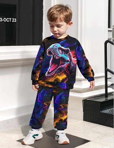 Image of Boys Clothes, T-Rex Print Dinosaur Boy Clothes Fall Winter Outfits Long-sleeved Hooded Sweatshirt Pants 2Pcs Set