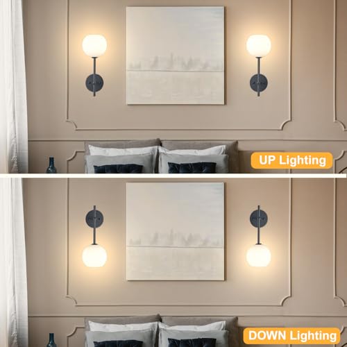 Image of Black Battery Operated Wall Sconces Set of 2, Rechargeable Wireless Wall Lights with Milky White Frosted Glass Shade, 12 RGB and 3CCT Dimmable, Wall Lamps with Remote for Bedroom Living Room Hallway