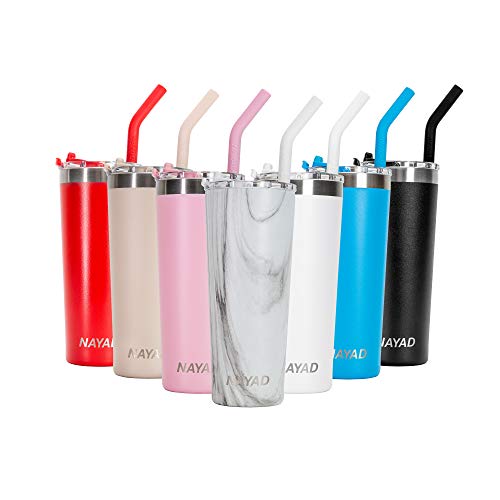 Nayad 22 oz Stainless Steel Vacuum Insulated Thermos Tumbler, Automotive Cup Holder Compatible Travel Coffee Mug Water Bottle with Straw and Lid for Iced Cold/Hot Drinks (Marble)