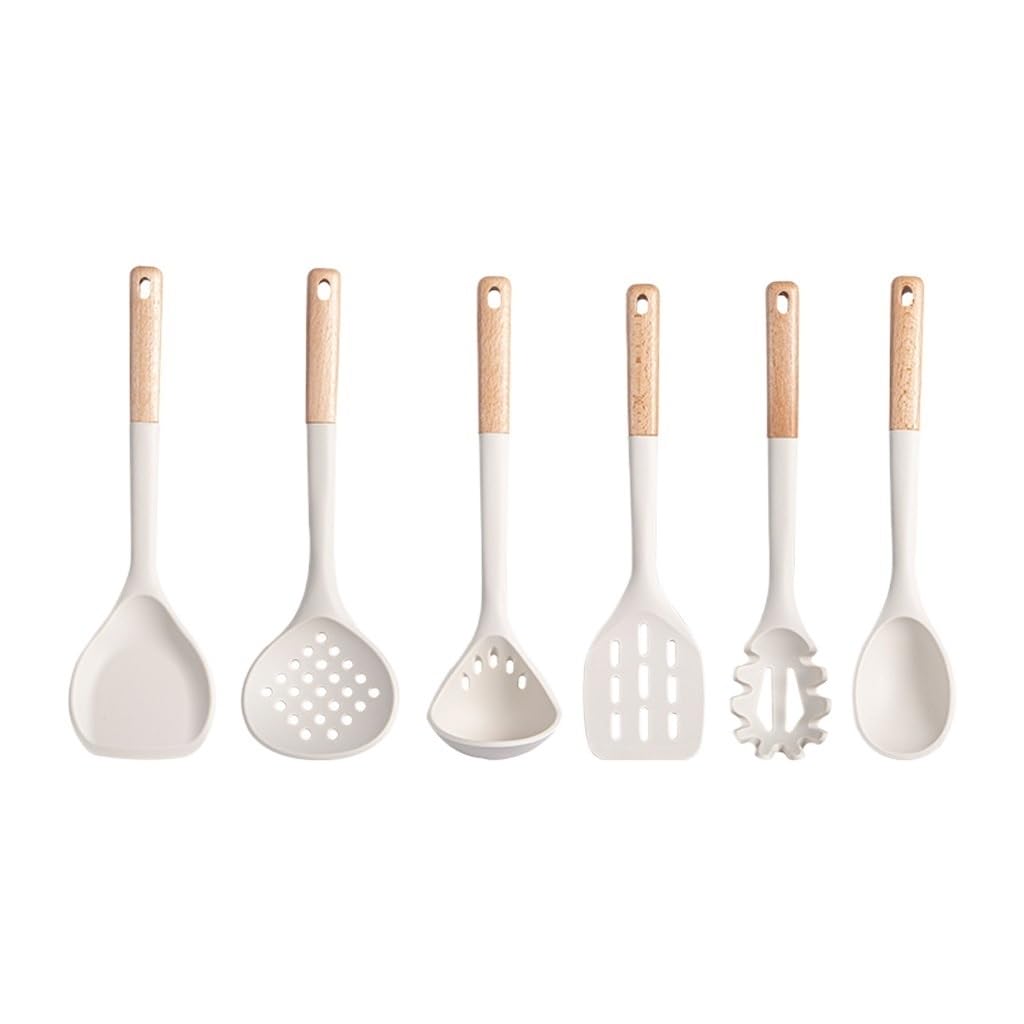 Wooden Handle White Silicone Kitchenware Set