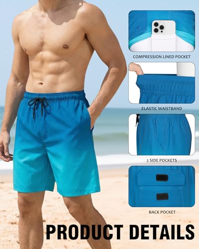 Image of Mens Swim Trunks with Compression Liner 2 in 1 Quick Dry Swimming Shorts Swimwear Bathing Suits with Pockets, 7 Inch-Gradient Design,L