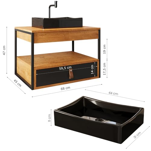 Gabinete para Banheiro Harley 1 Gaveta e Cuba Dalla Preta (Preto/Canela/Preto)