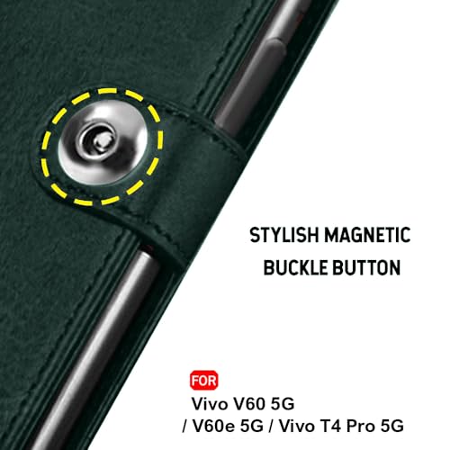Image of TheGiftKart Genuine Leather Finish Flip Back Cover Case for Vivo V60 5G / V60e 5G / Vivo T4 Pro 5G | Inbuilt Pockets & Stand | Wallet Style | Designer Button Magnet Flip Cover (Faux Leather, Green)