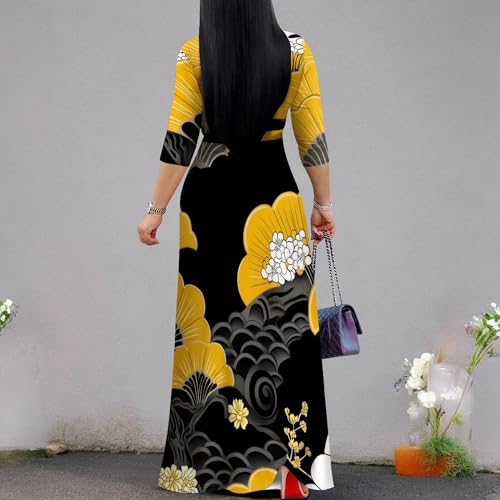 Image of PinkPatty Women's Print Maxi Dresses 3 /4 Sleeve Flowy Long Dress V Neck Wrap Tie Waist Sundress