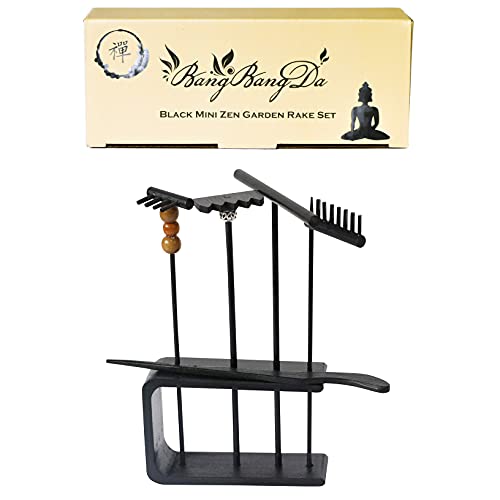 Desktop Mini Black Zen Garden Rake Japanese Zen Gifts Zen Decor Bamboo Table Top Rock Sand Garden Kit Tools Accessories Tabletop Meditation Sandbox Office Relaxation Adult Zen Gifts for Man Women