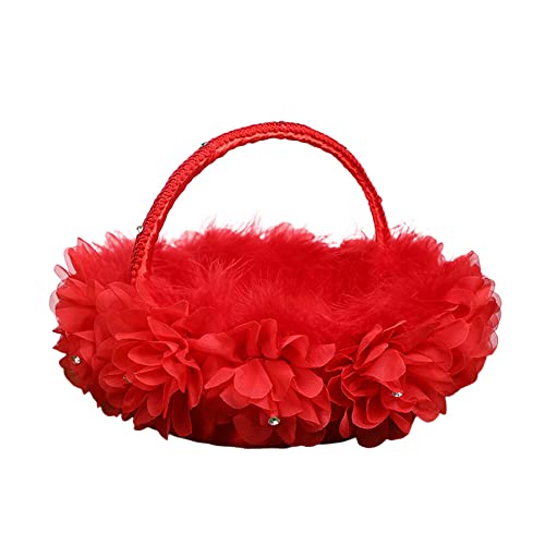 Wedding Basket Flower Girl Basket Bridesmaid Flower Basket Flower Child Basket Bride Scatter Flower Basket Fabric Decoration Flower Basket 9.4inchx9inch (Red)
