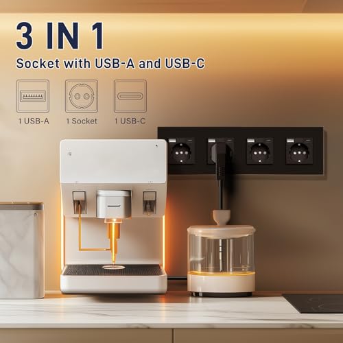 BSEED USB Steckdose Vierfach Schwarz Schuko Steckdose mit USB Anschluss (Max. 2.1A) Typ C Port Unterputz Steckdose Glas Schutzkontakt-Steckdose Ladeger&auml;t f&uuml;r Handys, Laptops etc