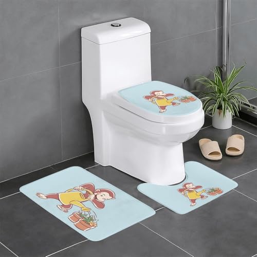 バスマット おさるのジョージ かわいい アニメ トイレマット 3点セット 便座カバー フタカバー 人気 漫画 足ふきマット 暖房 ふんわり 滑り止め 吸水 洗える 抗菌 防臭