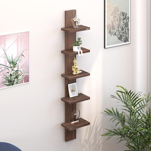 Image of BLUEWUD Louis Engineered Wood Wall Decor Floating Shelf Display Rack Decorative Hall Décor for Living Room Home Furniture 5 Shelves (Brown Maple)
