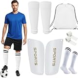 Coume 5 Pcs Set Anti-Slip Grip Soccer Socks Men Women Leg Guards Shin Pad for Sports Training Leg Football shin Guards Covers Grip Soccer Socks Bandage with Drawstring Ball Bag(White)