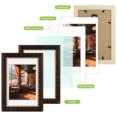 Image of Golden State Art, 8X12 Ornate Finish Photo Frame With White Mat for 7X9 Picture & Real Glass, Color: Dark Brown With Gold
