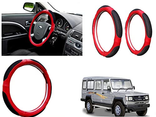 Image of Microfiber Car Steering Wheel Cover, Soft Padding Great Hand Feel, Anti-Slip, Faux Leather Steering Cover for Toyota Land Cruiser | Black Red Jali - Pack of 1