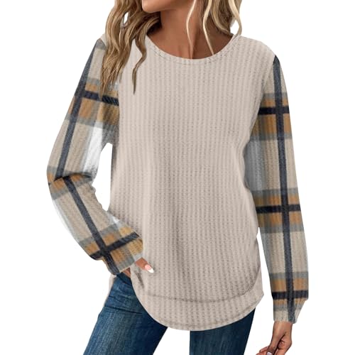 Women Shirts Fashion Plaid Printed Blouses 2025 Fall Round Neck Basic Tops Long Sleeve Casual Loose Pullover