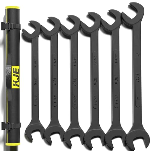 KJE 6PCS SAE 1 3/8 to 2 Black-Oxide Jumbo Angle Wrench Set Large Big Wrench Set 15 & 60 Angled Heads High Carbon Steel & Storage Bag for Heavy-Duty Mechanics & Automotive & Truck