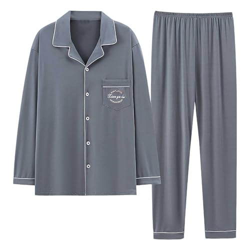 Pijama para hombre cálido de dos piezas, camiseta y pantalón básico, pijama de franela con botones, cuello de solapa, ropa de dormir, manga larga, ajuste holgado, ropa de casa, cómodo traje de casa, P