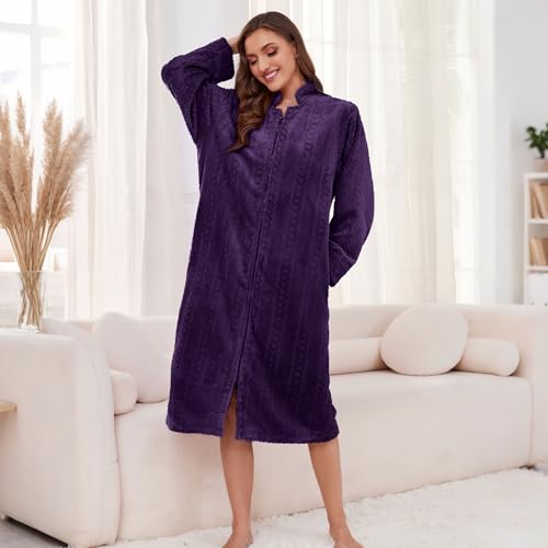 Image of LYCY Women Plush Zipper Robe, Long Fleece House Coat Nightgown with Pockets Solid Bathrobe
