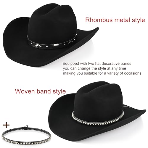 Image of 100% Wool Western Cowboy Hat for Men Women Classic Fedora Hat Felt Cowgirls Hats with Two Decorative Bands
