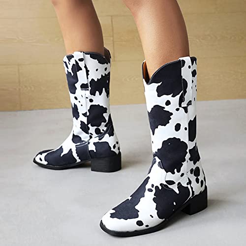 Image of Cozivwaiy Women Mid Calf Cowboy Boots Chunky Heel Half Boot Cow Print Western Boots Plus size (US 4-12.5)