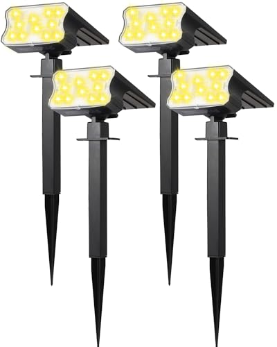 HGGH Solar Lights Outdoor Waterproof IP67, 60 LED 3 Lighting Modes Solar Spot Lights Outdoor for Yard Garden Pathway Landscape, Auto On/Off, Function 2 in 1(Warm White, 4 Pack)