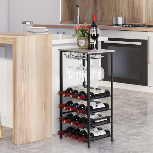 Vrisa Freestanding Floor 16 Bottles Wine Rack With 9 Wine Glass Holder, Wine Holder Stand For Floor, 5 Tiers Wine Bottle Organizer Stand, Dark Oak #TOP5