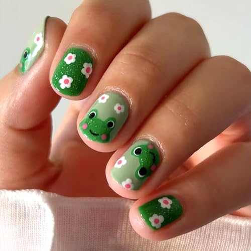 Spring Press on Nails Green Short Square Fake Nails with Flower Cute Frog Designs Reusable Stick on False Nail for Women 24 Pcs WYFHDT