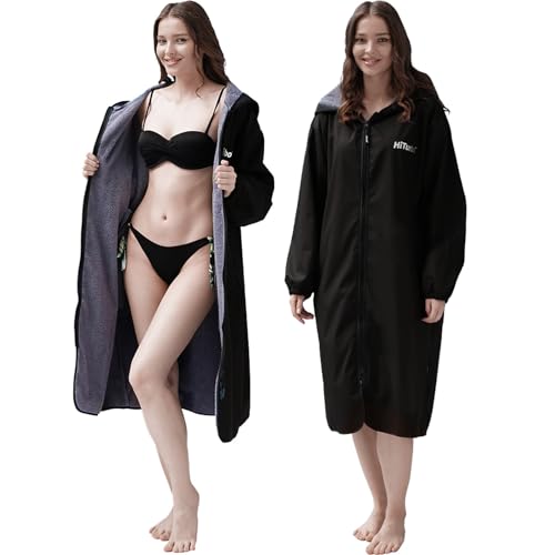 Hiturbo Swim Parka: Waterproof Swimming Jacket Windproof Surf Poncho - Thin Lined Lightweight Hooded Swimmer Coat with Quick-dry Changing Towel - Unisex for Adult & Youth