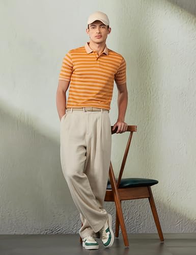 Image of Peter England Men's Cotton-Polyester Blend Striped Polo T-Shirt | Casual Wear | Durable & Trendy