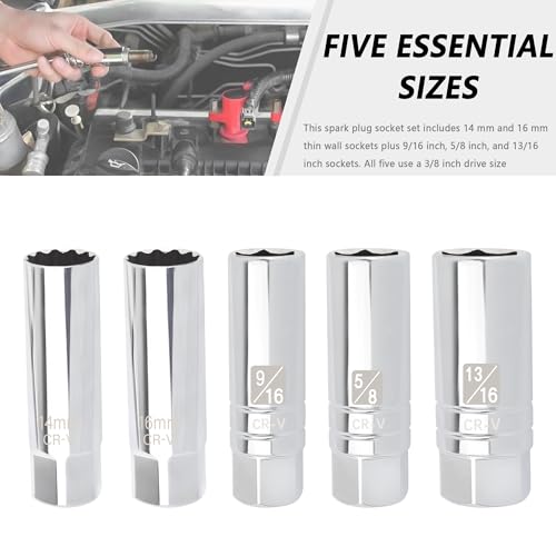 Image of 5PCS Car Magnetic Spark Plug Socket Set,Thin Wall & 6-point 14mm 16mm 13 /16 inch 9 /16 inch 5 /8 Spark Plug Socket,3 /8 inch Drive Car Sparks Plugs Sockets Automotive Accessories