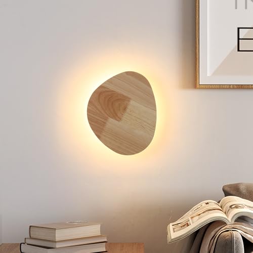 Image of Modern Minimalist Plug in Wall Sconces, 9.4'' Plug-in Or Cordless Wood Backlight LED Wall Lamp, 12W, 1100LM Warm White Brightness Wall Light Fixtures for Bedroom, Living Room Wall Decor