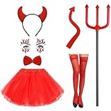 Landhoow 7 Pcs Halloween Devil Costume Set Devil Horn Headband Tail Glove Face Diamond Sticker Accessory for Cosplay Dress up