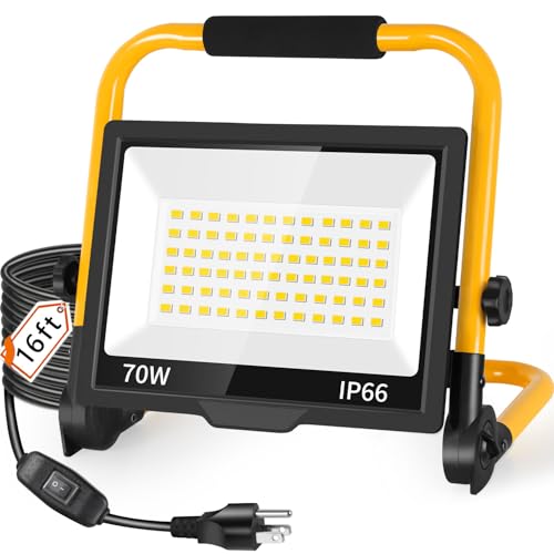 8400LM LED Work Light with 16FT Cord & Switch, 70W Outdoor Flood Light, IP66 Waterproof Portable Job Site Lighting with Stand, 5000K Dayight Worklight for Construction Garage Workshop Car Repairing