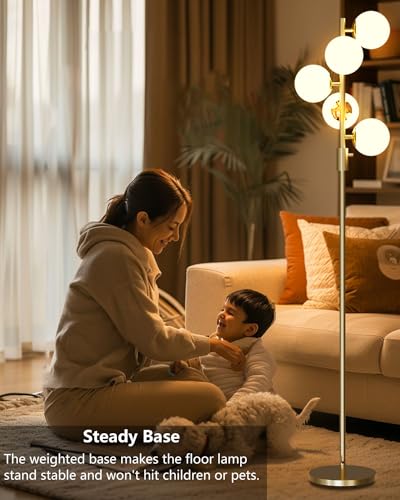 Image of Lightdot Dimmable Globe Floor Lamp, Gold Standing Lamps with 5PCS 3000K Bulbs Included, Mid Century Modern Floor Lamp with 5Lbs Heavy Base for Living Room /Bedroom /Sofa Beside /Corner Decor