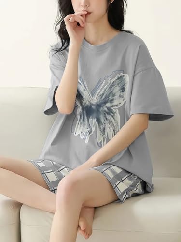 Image of Louis Luxe Cotton Blend Womens Korean Night Dress || Short Pyjama Set || Korean Nightsuit || Women Nightwear ||Round Neck Short Sleeve Nightsuit || Loungewear || Everyday Nightdress (ND-05)