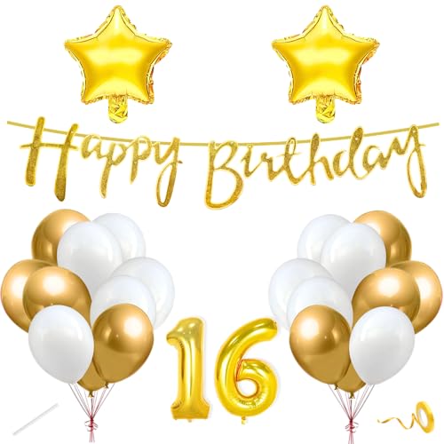 Image of Flyloons 16th Happy Birthday Decoration Kit Gold White for Boys Girls Kids Twins Men Women With 20 Pcs Chrome Balloons Birthday Banner 2 Pcs Star Items Set Golden