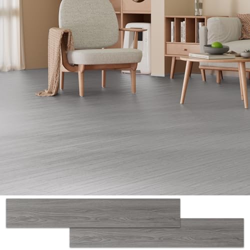 Fablioflo Peel and Stick Floor Tile, 36 Pcs 54 Sq.Ft Waterproof Wood Grain Luxury Vinyl Plank Flooring, Easy DIY Self Adhesive Vinyl Floor for Kitchen, Living Room, Bedroom, RV, Light Gray