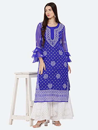 Image of FAWOMENT Women's Designer Georgette Straight Kurta with Hand Crafted Lucknowi Chikankari Embroiderey Emblemished Moti Work Along