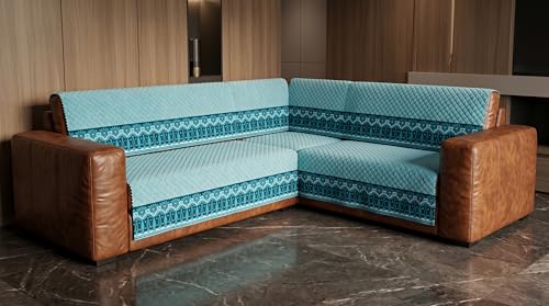 Image of Italian Blue Velvet Sofa Mat, L Shape 3+2 | Full Cover for Seat & Back, Anti-Skid, Machine Washable