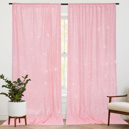 Image of PartyDelight Pink Sequin Backdrop 5x10ft 2 Panels 4 Inch Rod Pocket | Dense 3mm pink sequins on mesh backing with 4 inch rod pocket for wide reception walls head tables stages and layered event