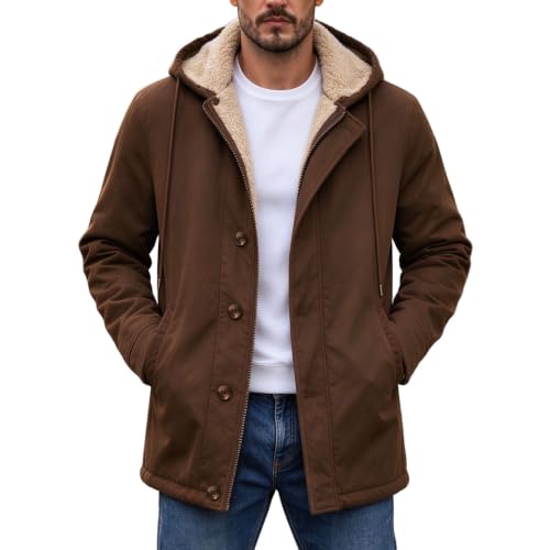 GOSEAGOTOFUN Mens Fleece Jacket Hooded Fleece Lined Work Jacket Long Sleeve Button Down Casual Coat Winter Warm Outdoor Coat Coffee Small - image 2